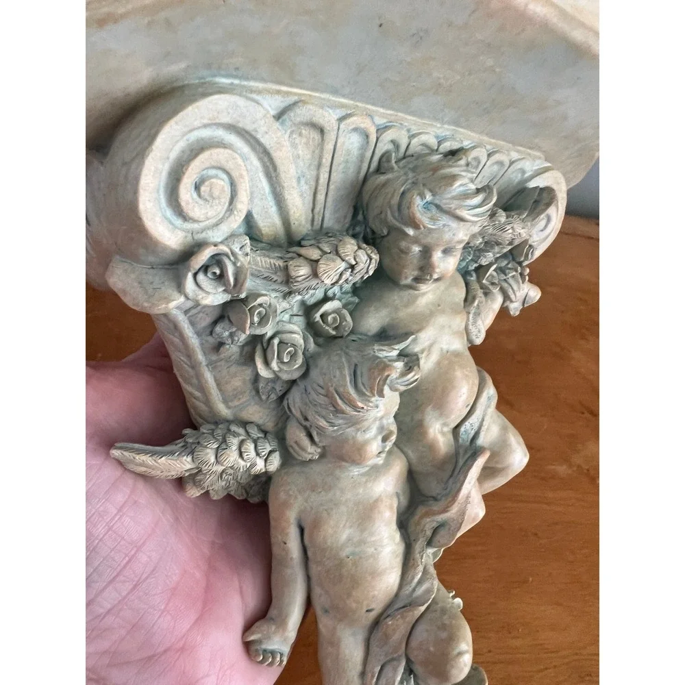 Vintage Cherub Floating Wall Corbel Shelf Heavy Resin Verdigris Angel Putti